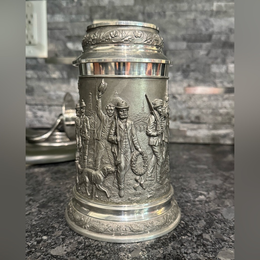 Silver Decorative Pewter Beer Stein with Hunting Scene